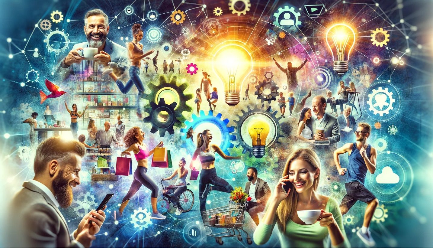 An engaging and vibrant digital image depicting a diverse group of people engaged in various activities like using smartphones, shopping, working out depicting JTBD